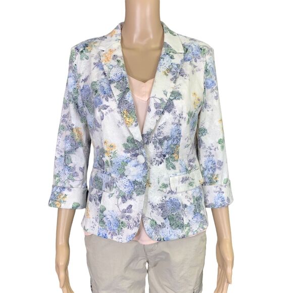 Lucy Paris Womens Tailored Blazer Suit Jacket Pastel Floral Print Blue Medium - Picture 3 of 11